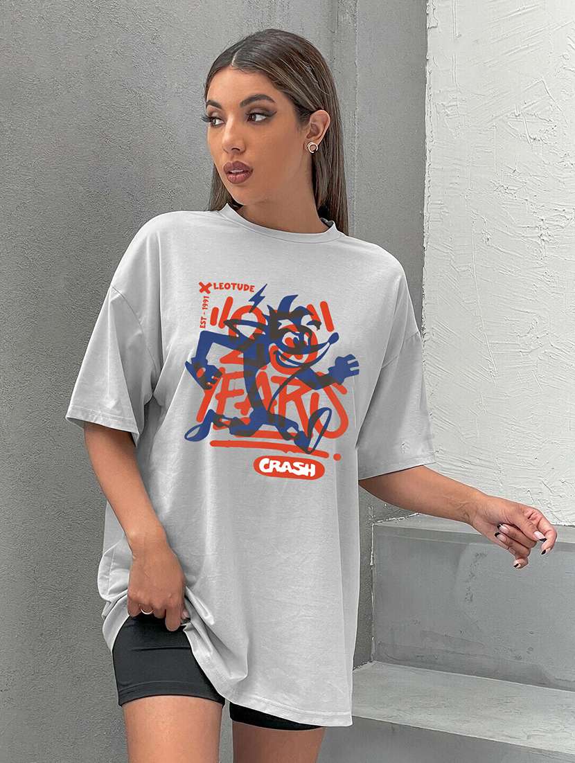 women round neck printed oversized t-shirt - 21622187 - Zoom Image - 0