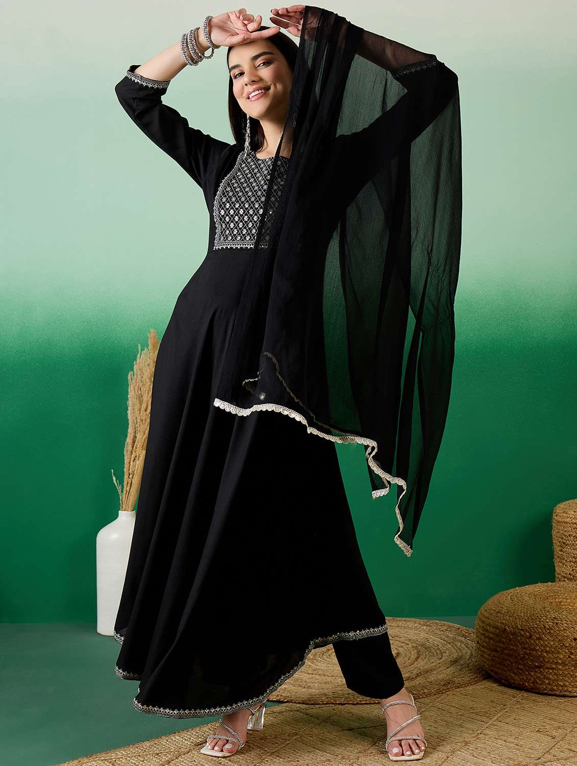 women sequin work kurta pant set with dupatta