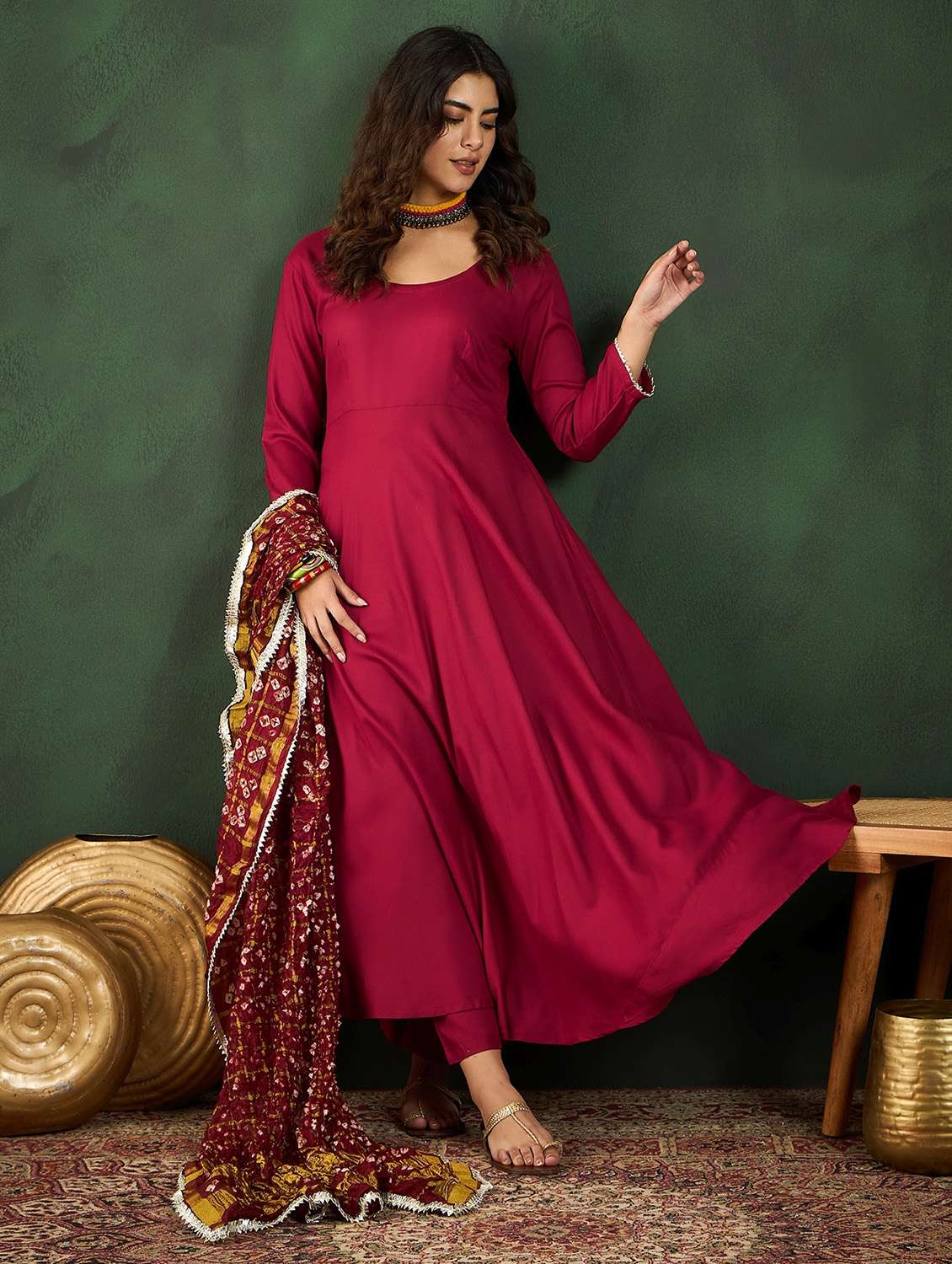 women solid long sleeve kurta pant with dupatta set