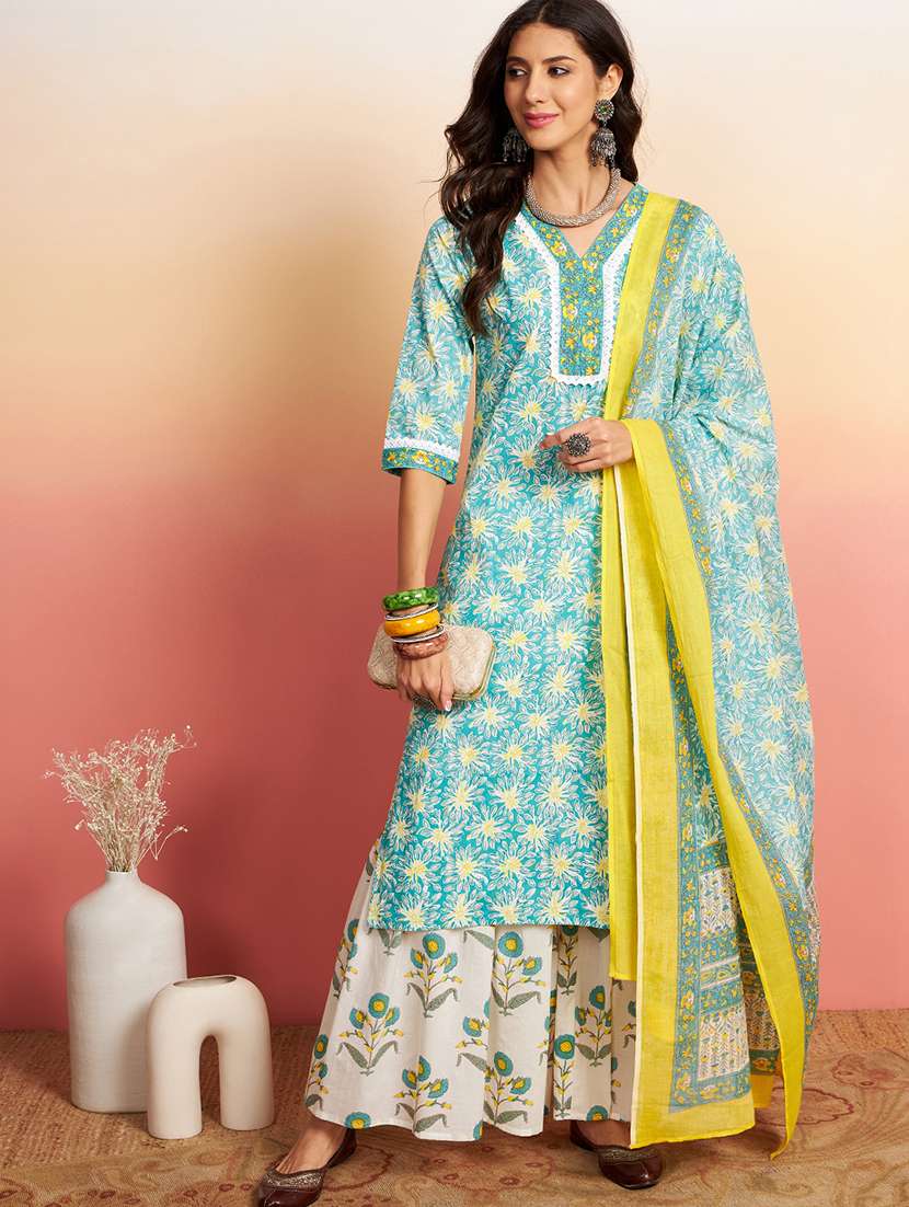 women three quarter sleeve kurta sharara set