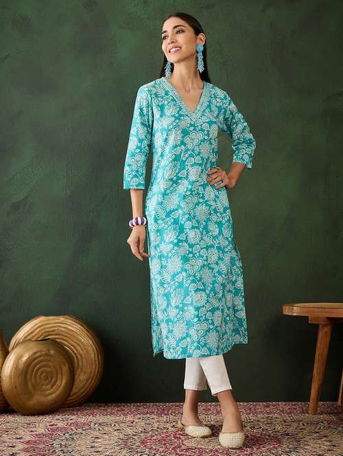 light blue cotton straight kurta