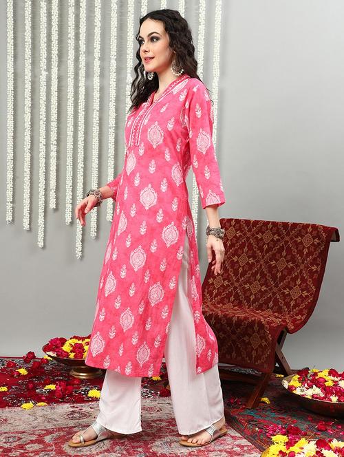 women three quarter sleeve straight kurta - 21622726 - Standard Image - 0