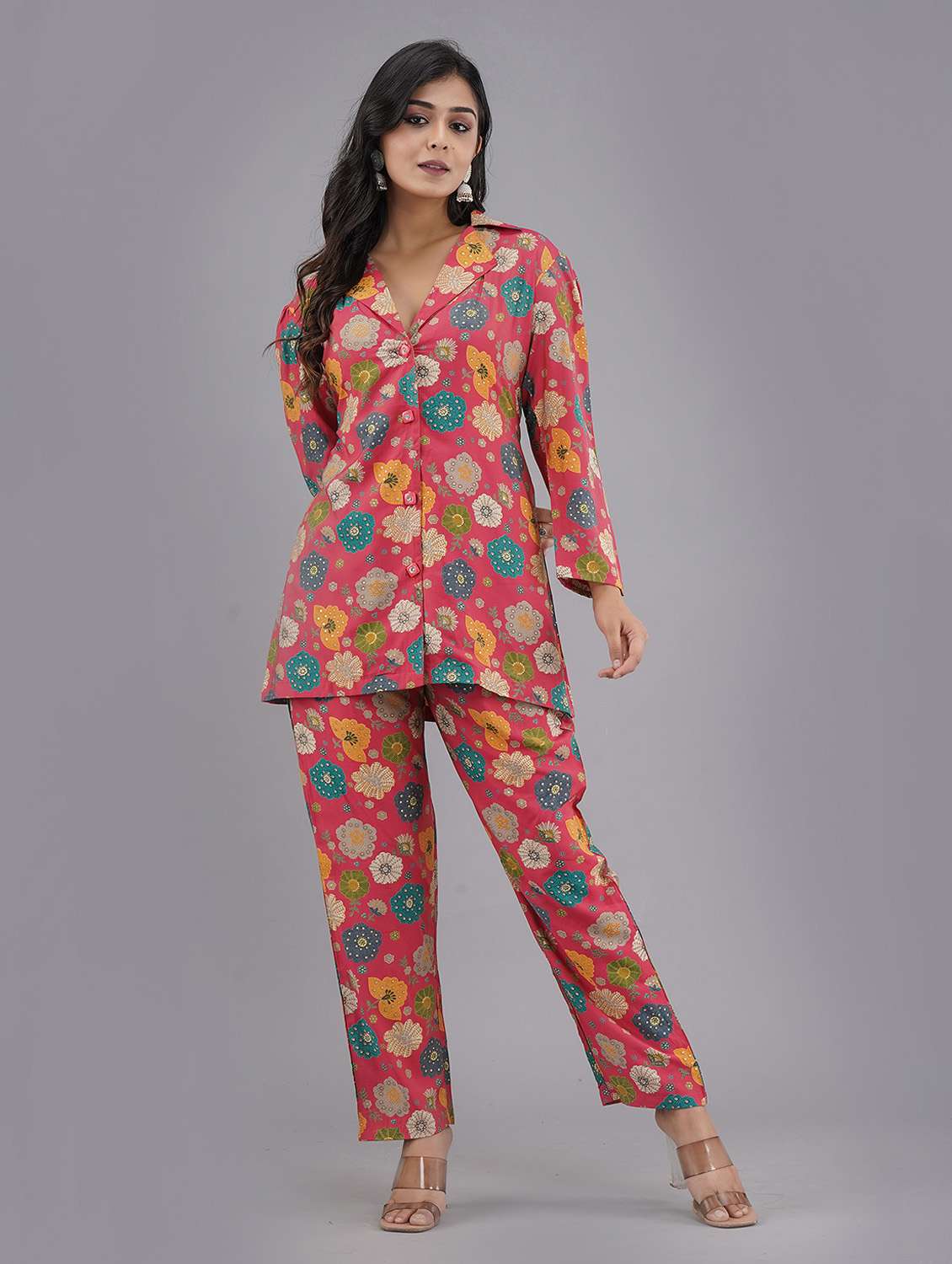 women pink floral printed long sleeve ethnic co-ord set