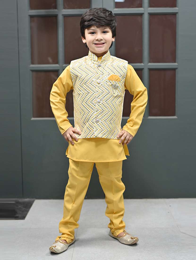 boys solid with work mandarin neck ethnic wear set