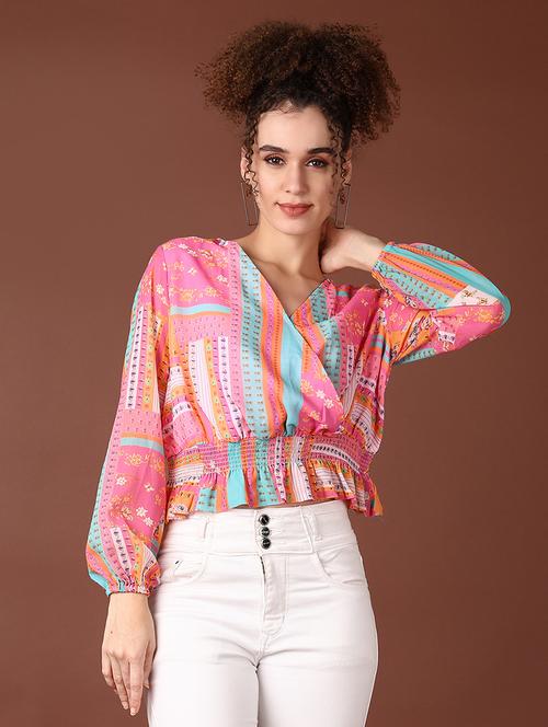 women printed long sleeve crop top - 21624402 - Standard Image - 0