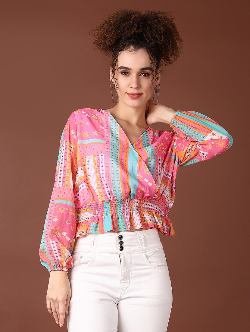 women printed long sleeve crop top - 21624402 - Zoom Image - 0