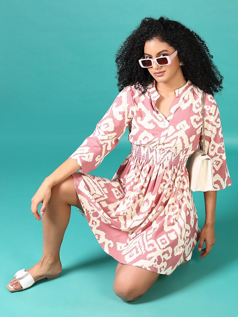 women mauve printed madarin neck a-line dress - 21624412 - Standard Image - 4