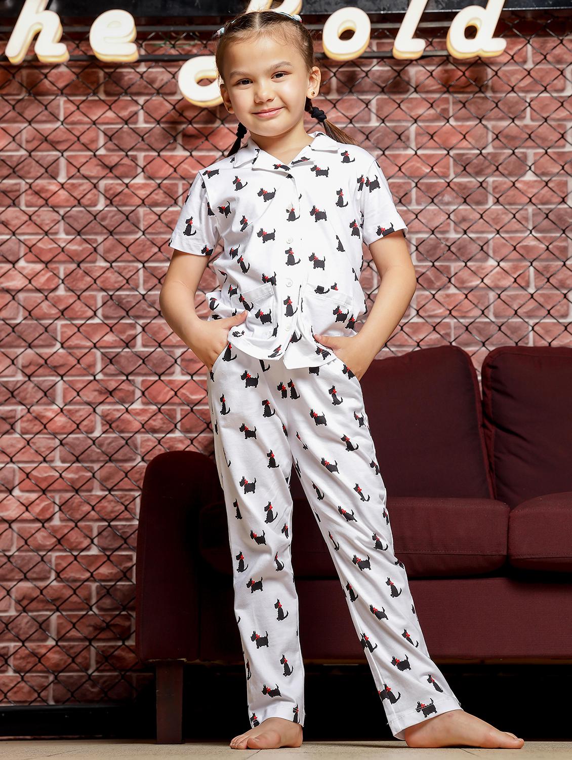 girls printed collared pyjama set