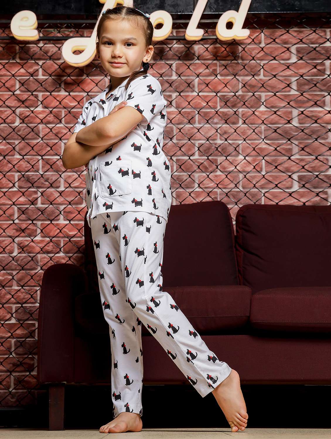 girls printed collared pyjama set - 21624678 - Standard Image - 1