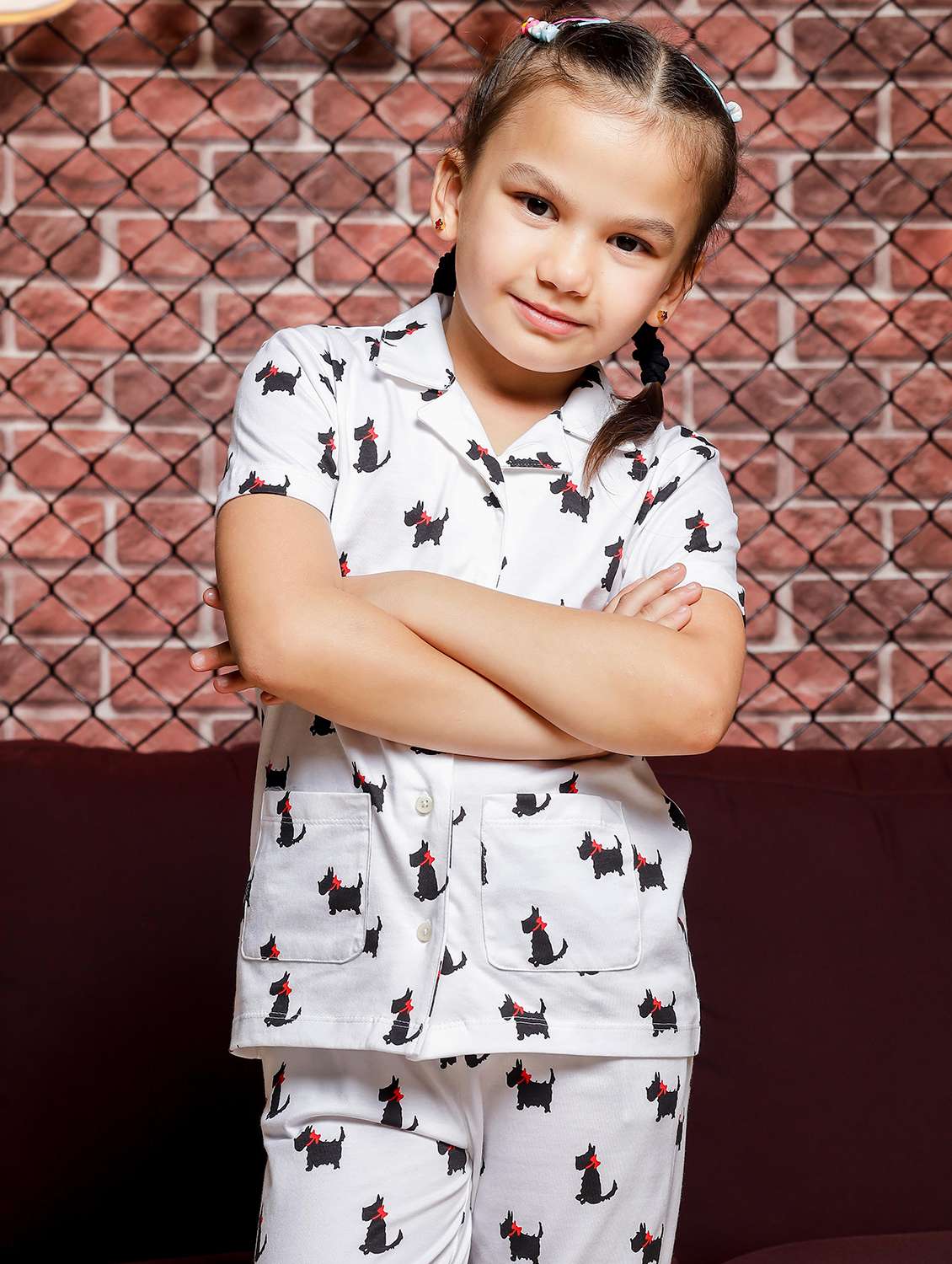 girls printed collared pyjama set - 21624678 - Standard Image - 4