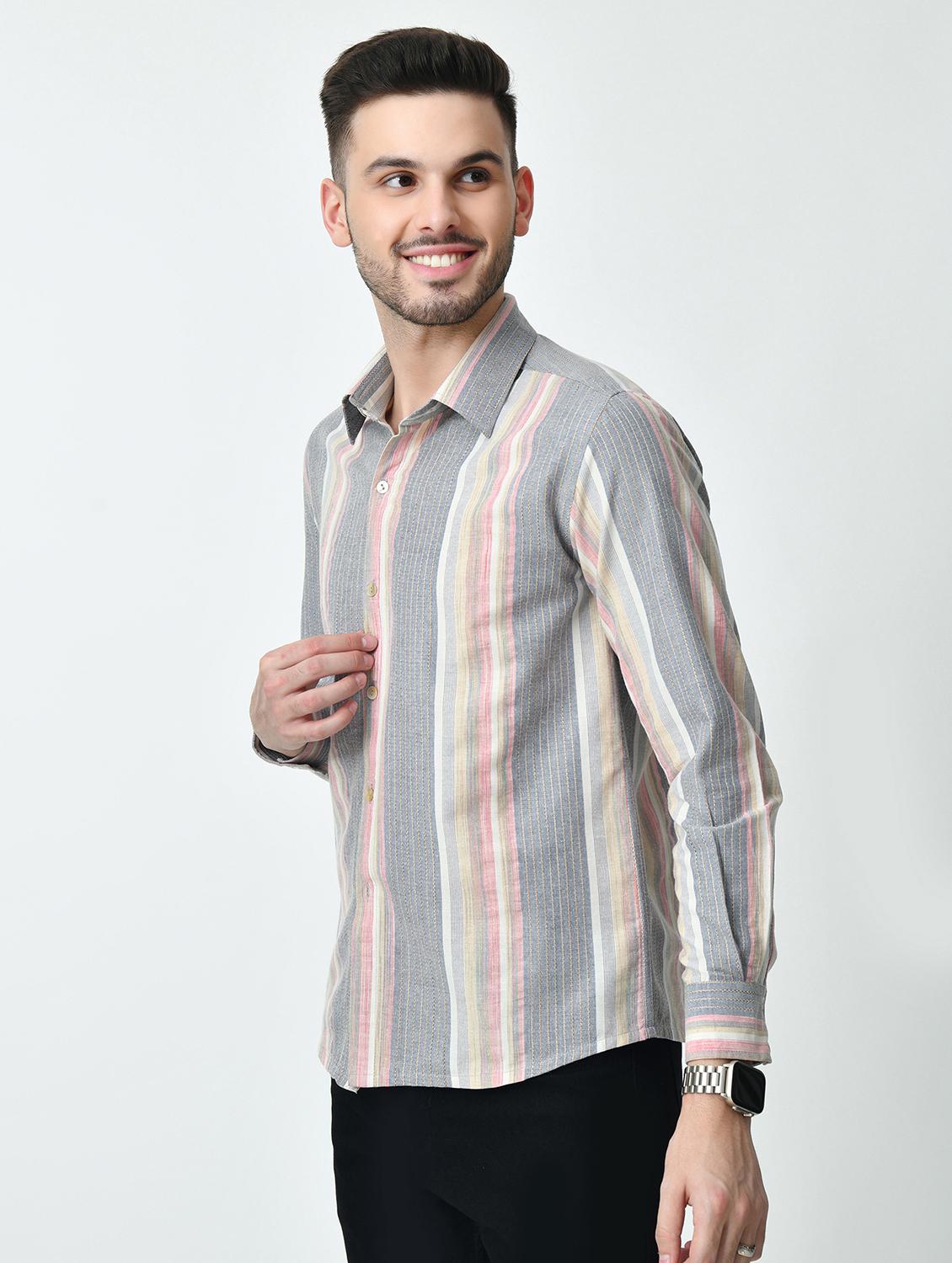 men grey vertical stripes casual shirt - 21626672 - Standard Image - 1