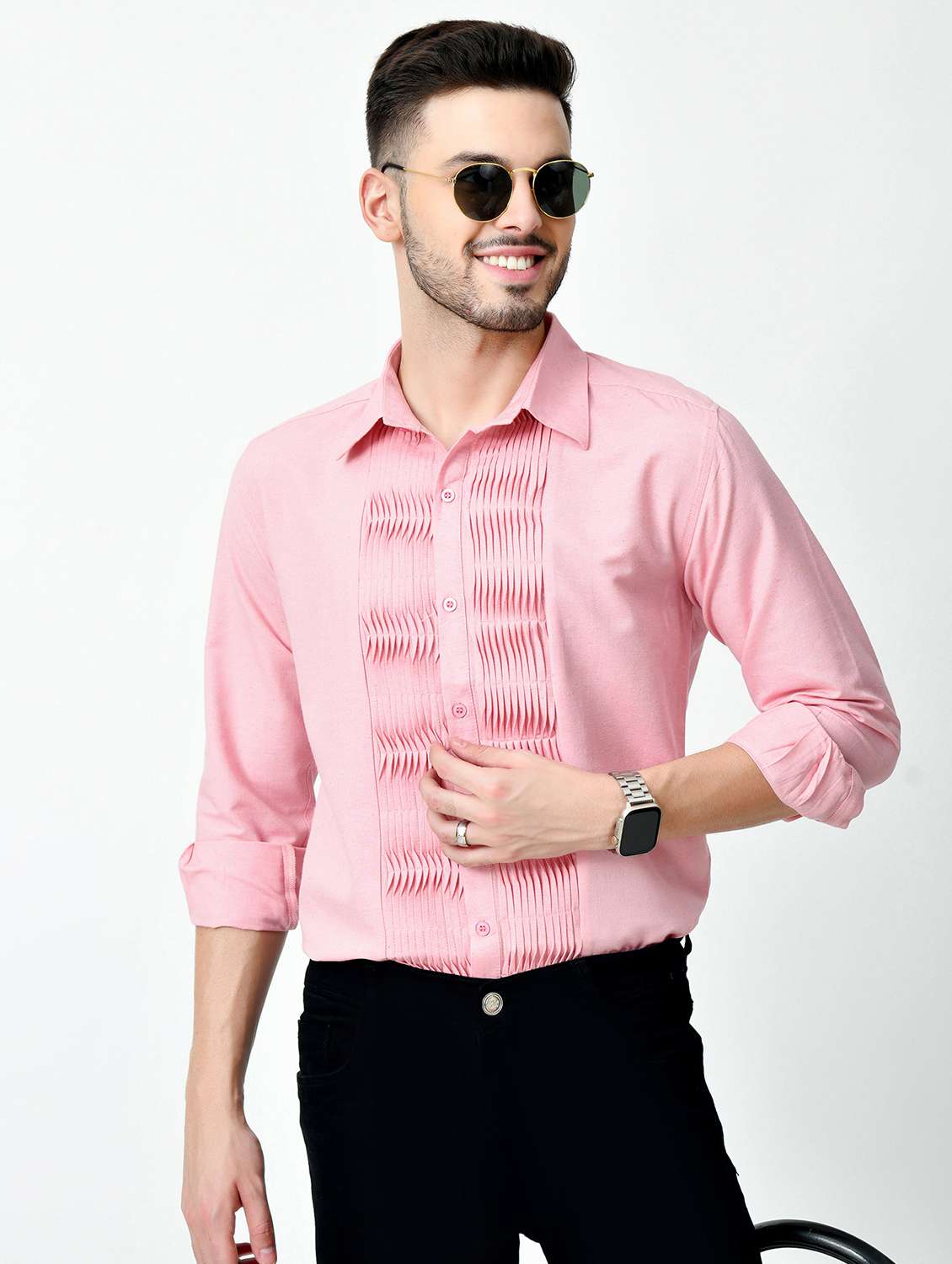 men pink regular fit plain pleated shirt - 21626676 - Standard Image - 4