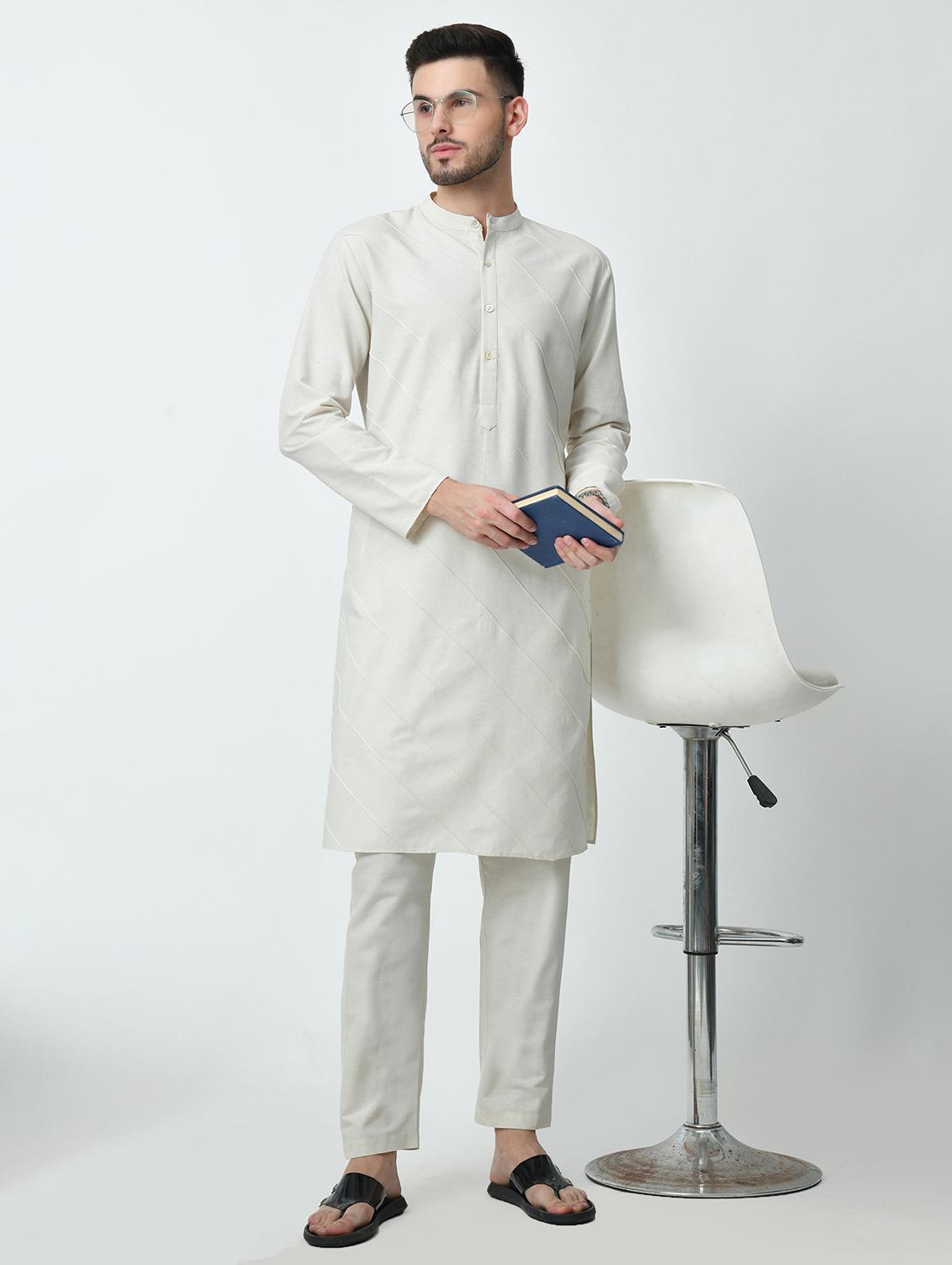 men regular fit mandarin neck solid long kurta - 21627052 - Standard Image - 4