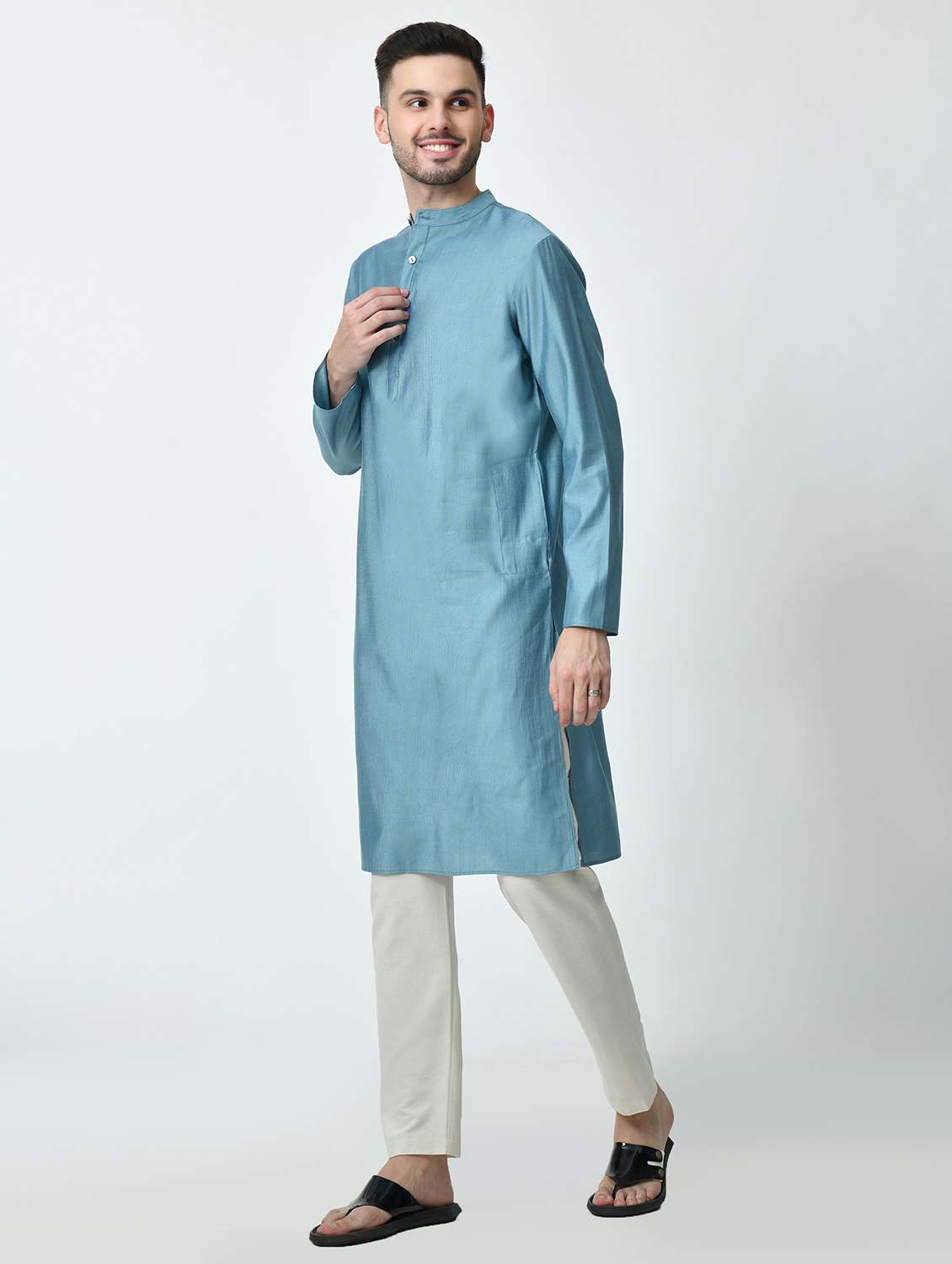 men regular fit mandarin neck solid long kurta  - 21627055 -  Standard Image - 1