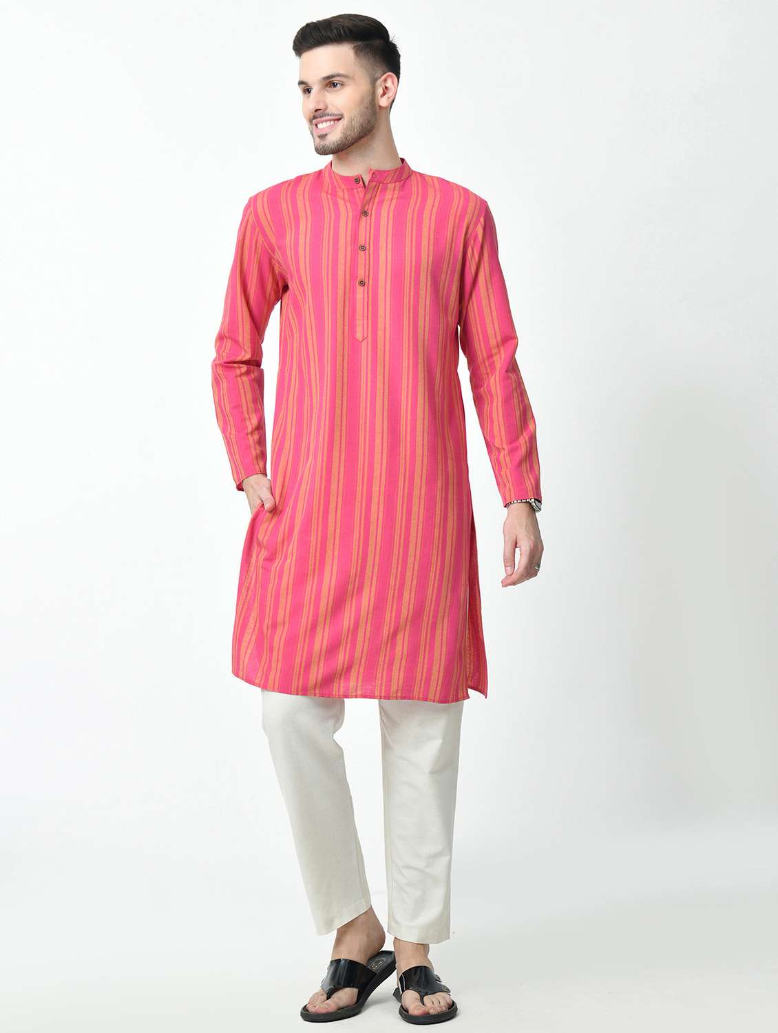 men regular fit mandarin neck striped long kurta - 21627057 - Zoom Image - 0