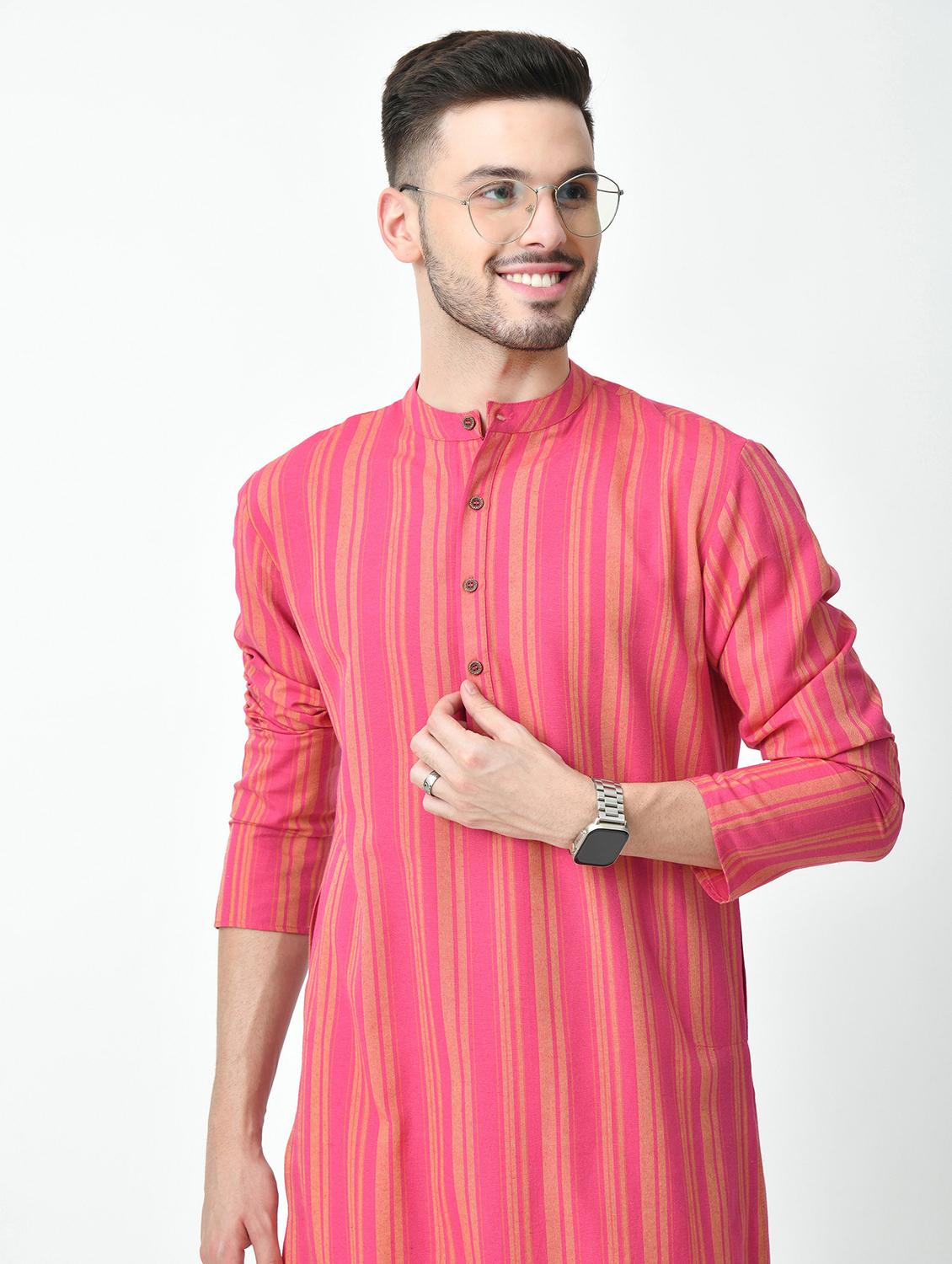 men regular fit mandarin neck striped long kurta - 21627057 - Standard Image - 4