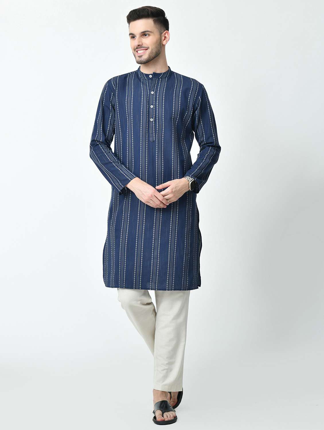 men regular fit mandarin neck striped long kurta 