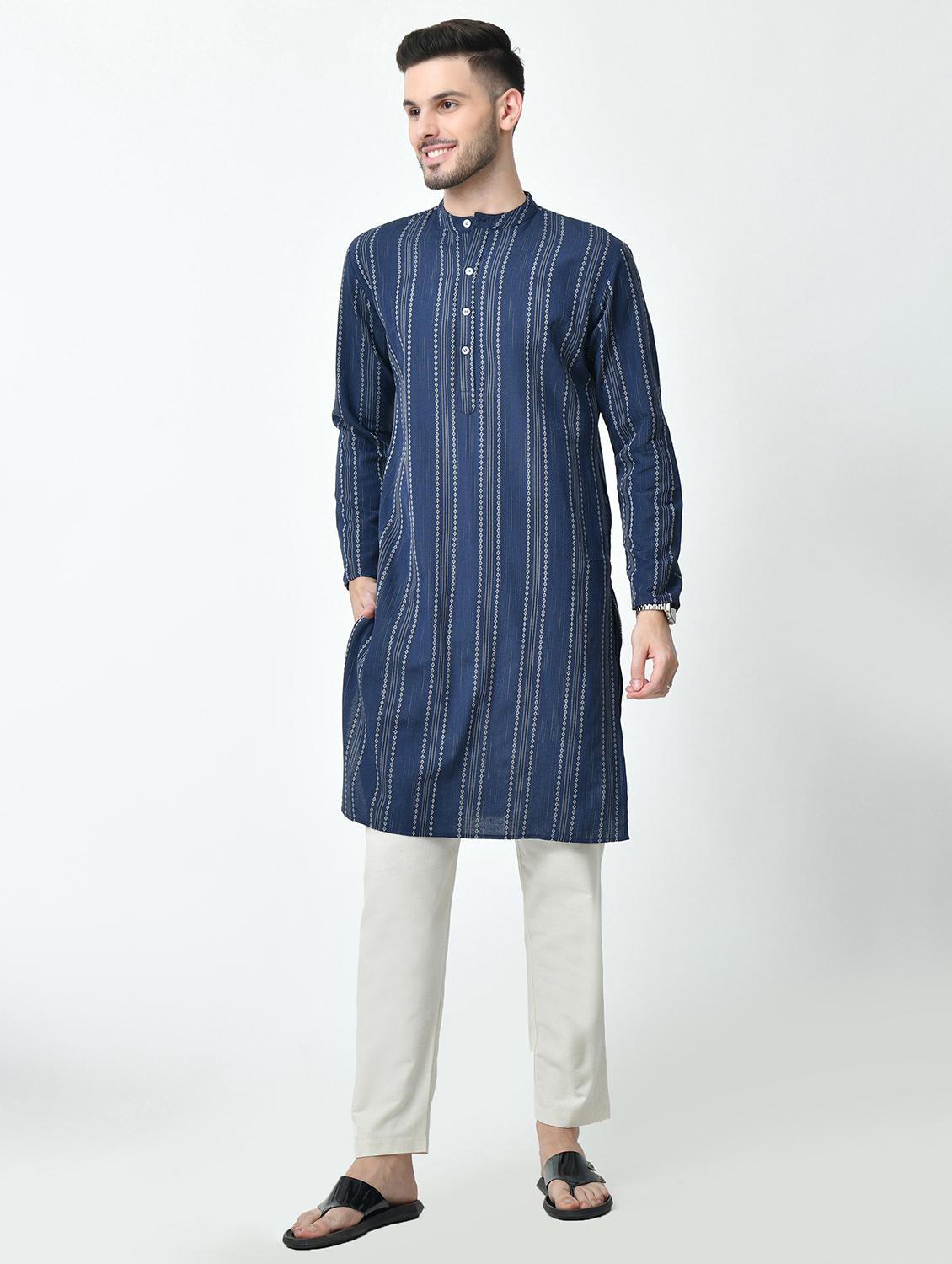 men regular fit mandarin neck striped long kurta - 21627058 - Standard Image - 1