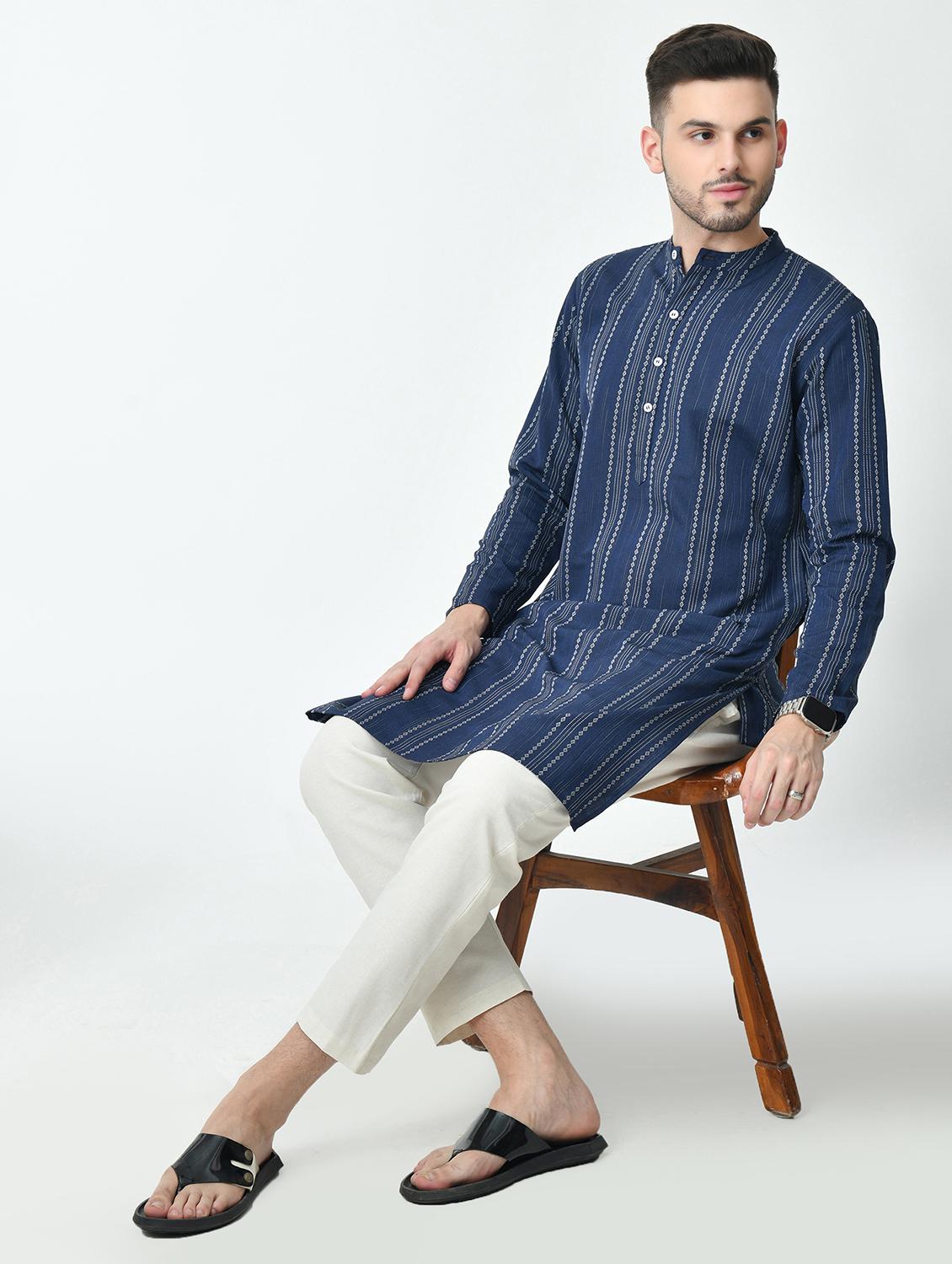 men regular fit mandarin neck striped long kurta - 21627058 - Standard Image - 4