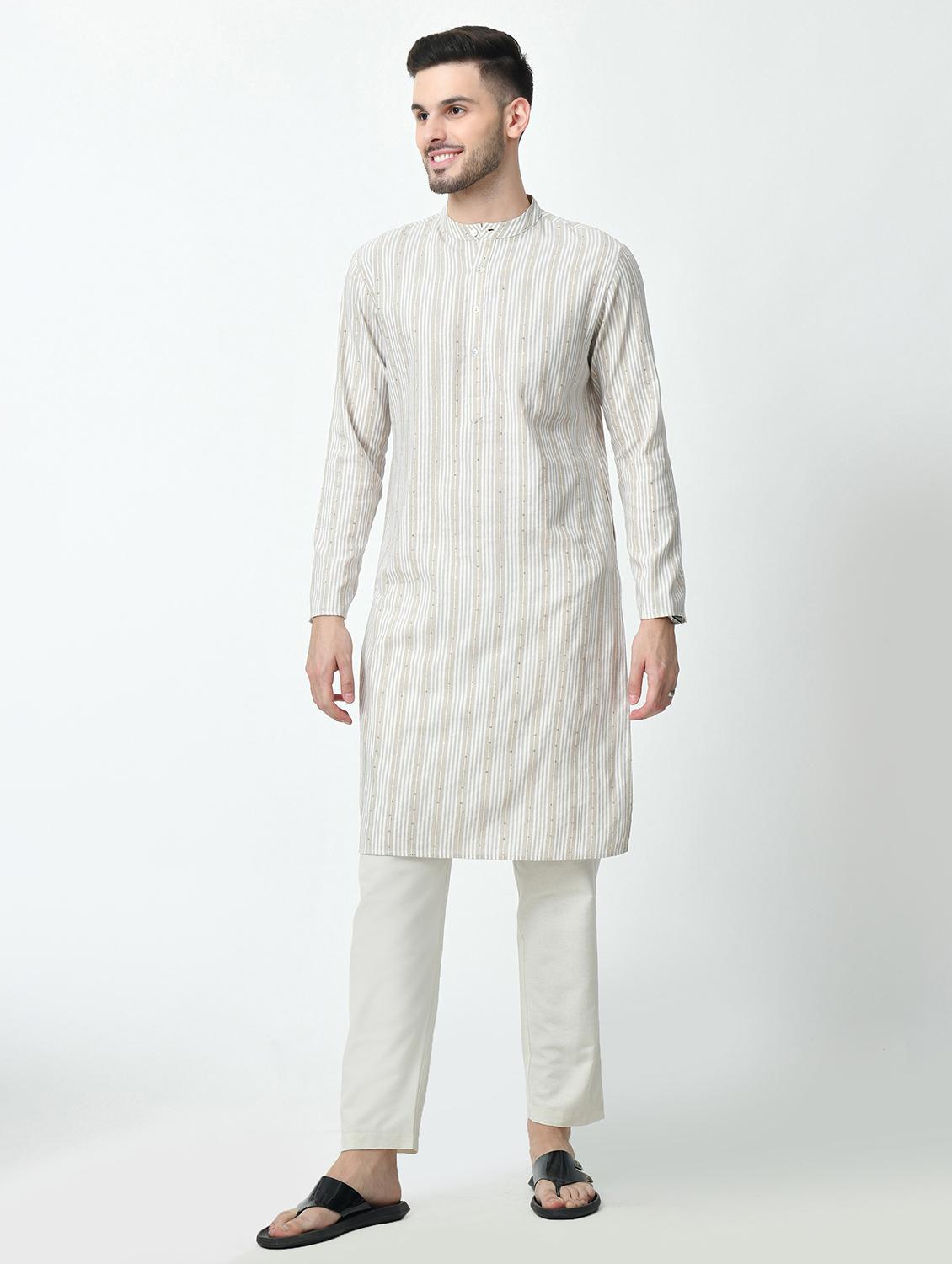 men regular fit mandarin neck striped long kurta - 21627059 - Standard Image - 1