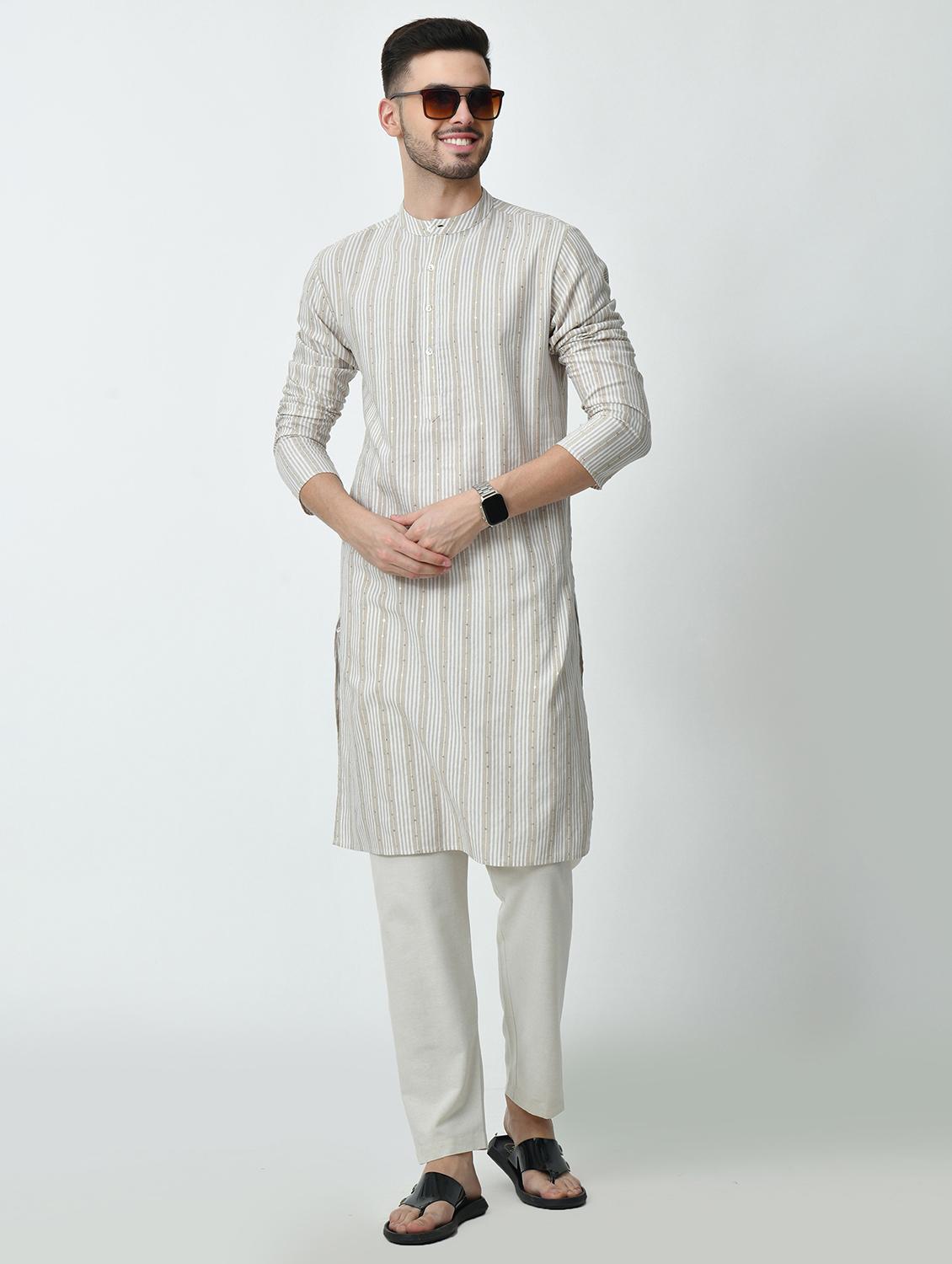 men regular fit mandarin neck striped long kurta - 21627059 - Standard Image - 4
