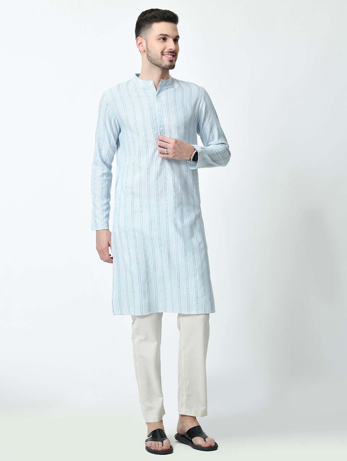 men regular fit mandarin neck striped long kurta with sequins work - 21627060 -  Standard Image - 1