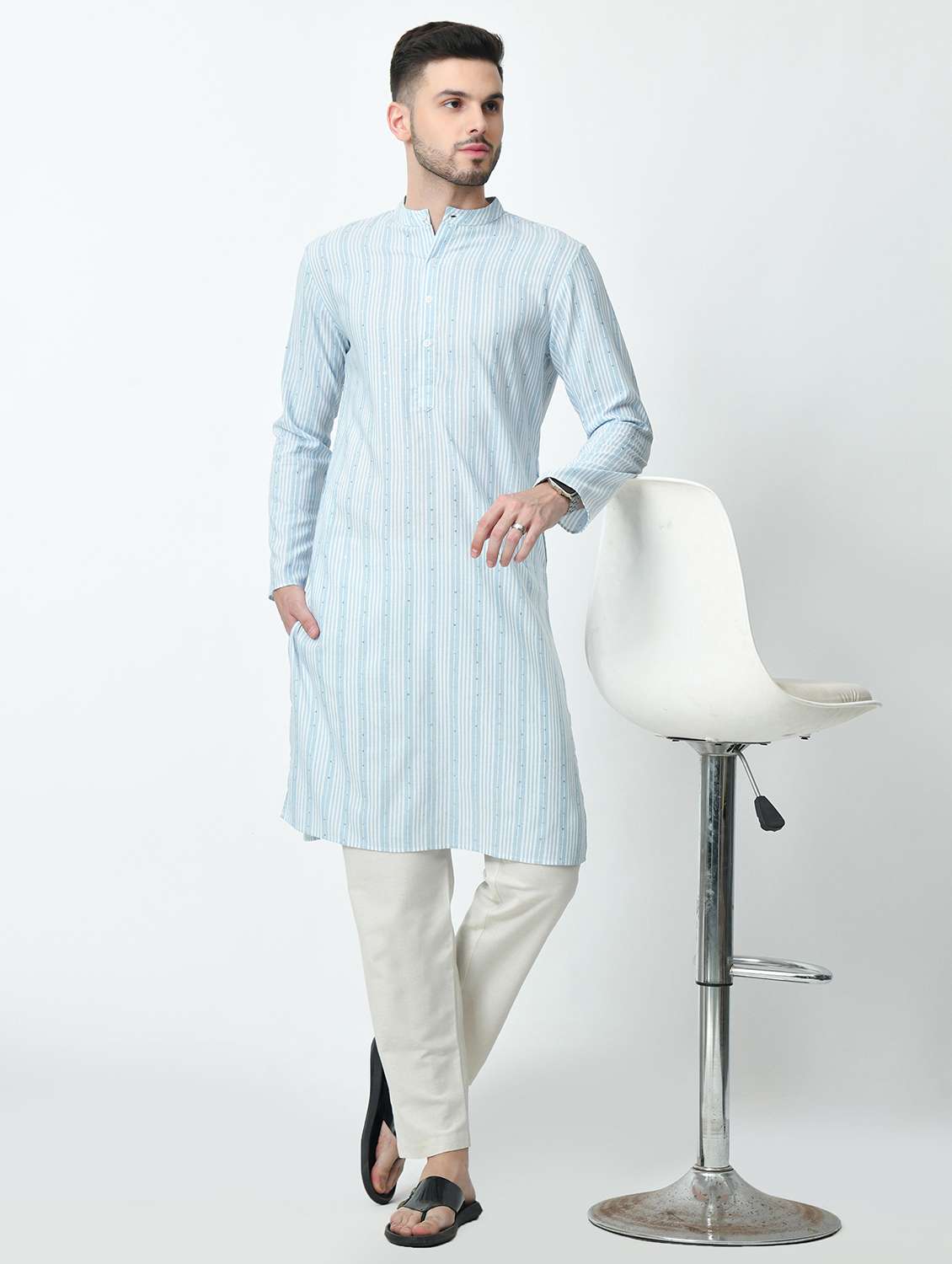men regular fit mandarin neck striped long kurta with sequins work - 21627060 -  Standard Image - 4