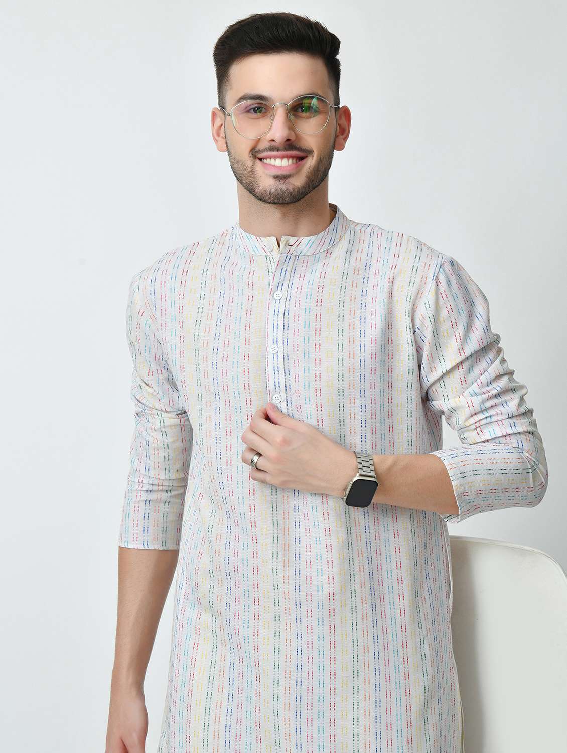 men regular fit mandarin neck self design long kurta - 21627062 - Standard Image - 4