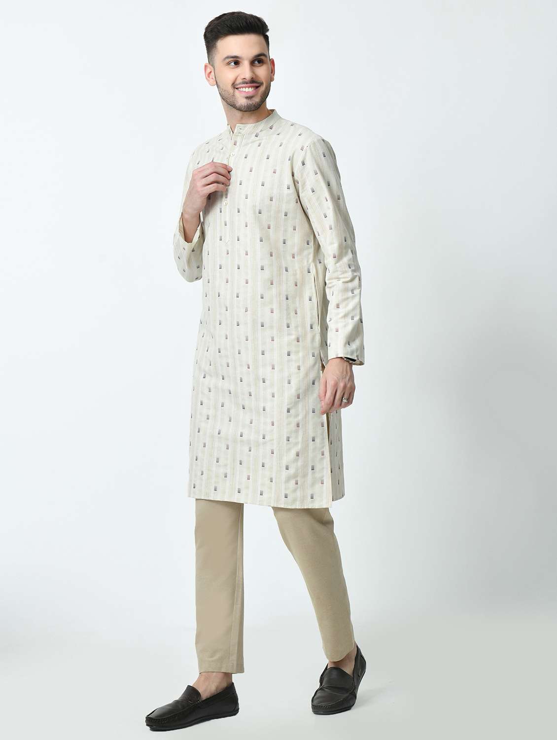 men regular fit mandarin neck self design long kurta - 21627063 - Standard Image - 1