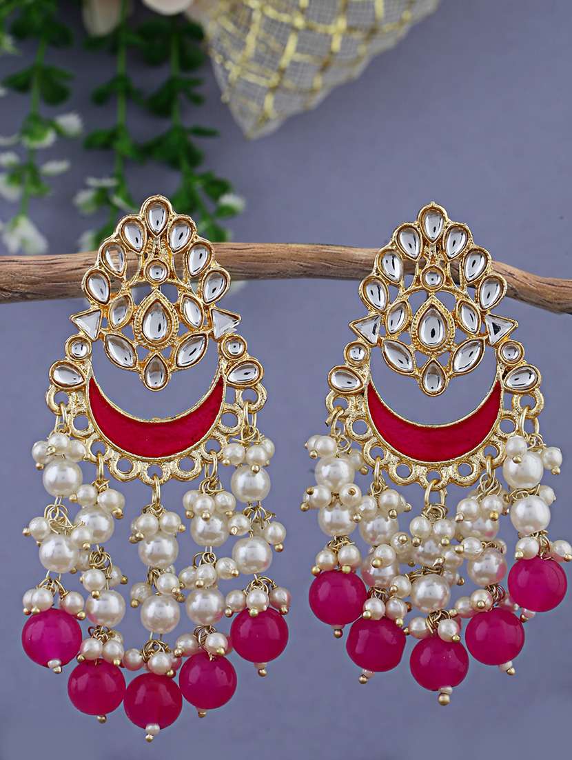 women gold plated pink pearls chandbali earrings