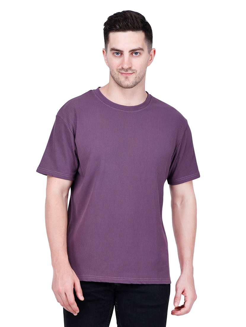 men purple solid round neck regular fit t-shirt
