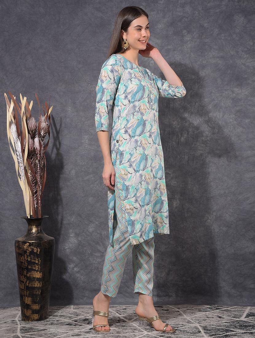 women printed three quarter sleeve kurta pant set - 21627233 -  Standard Image - 1
