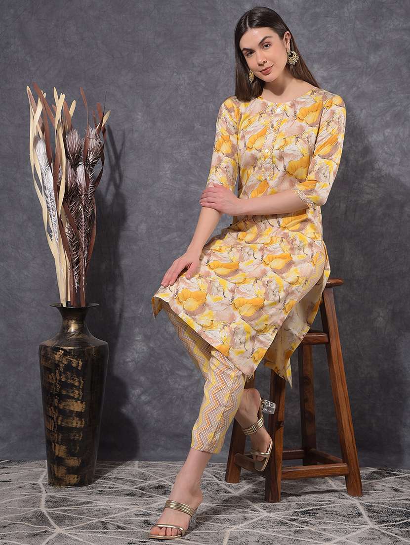 women printed three quarter sleeve kurta pant set - 21627235 - Standard Image - 1