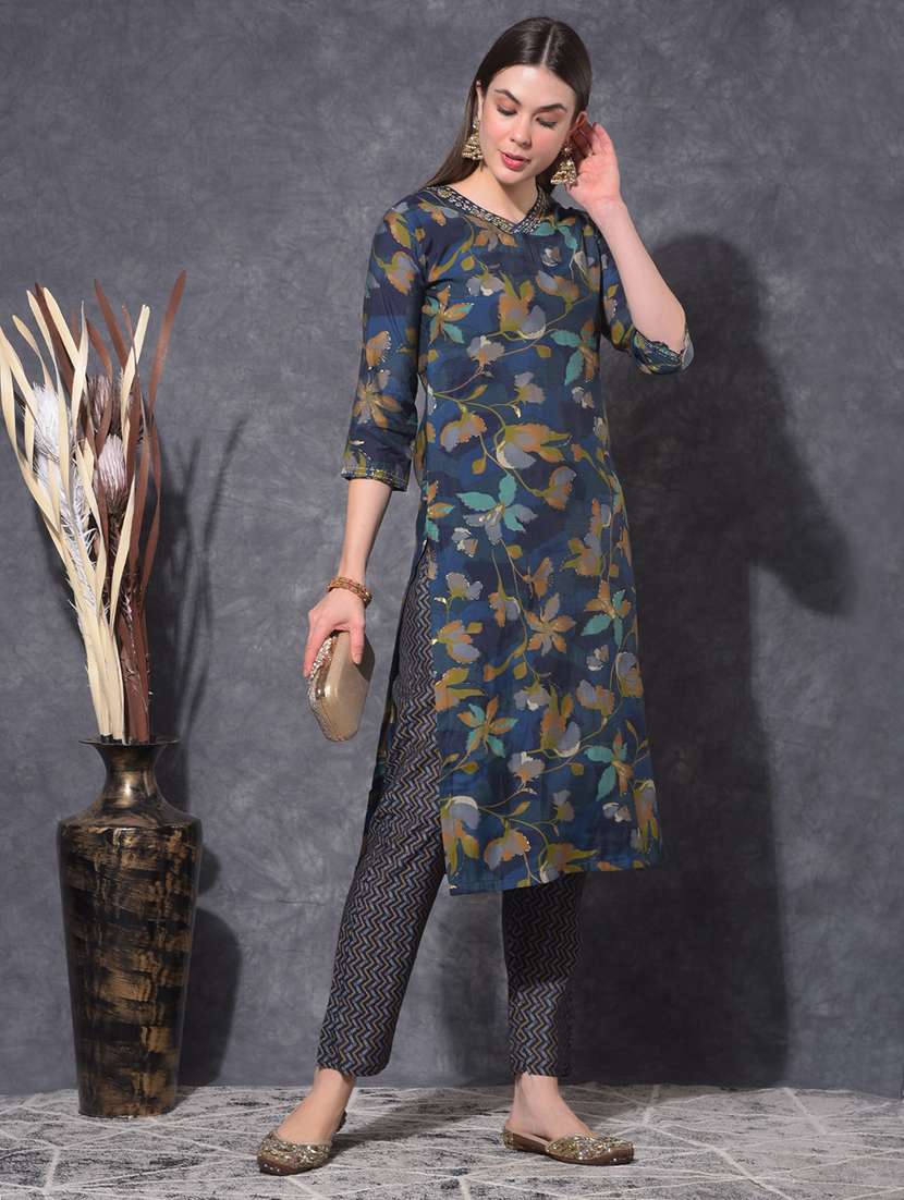 women floral printed three quarter sleeve kurta pant set - 21627243 - Standard Image - 1