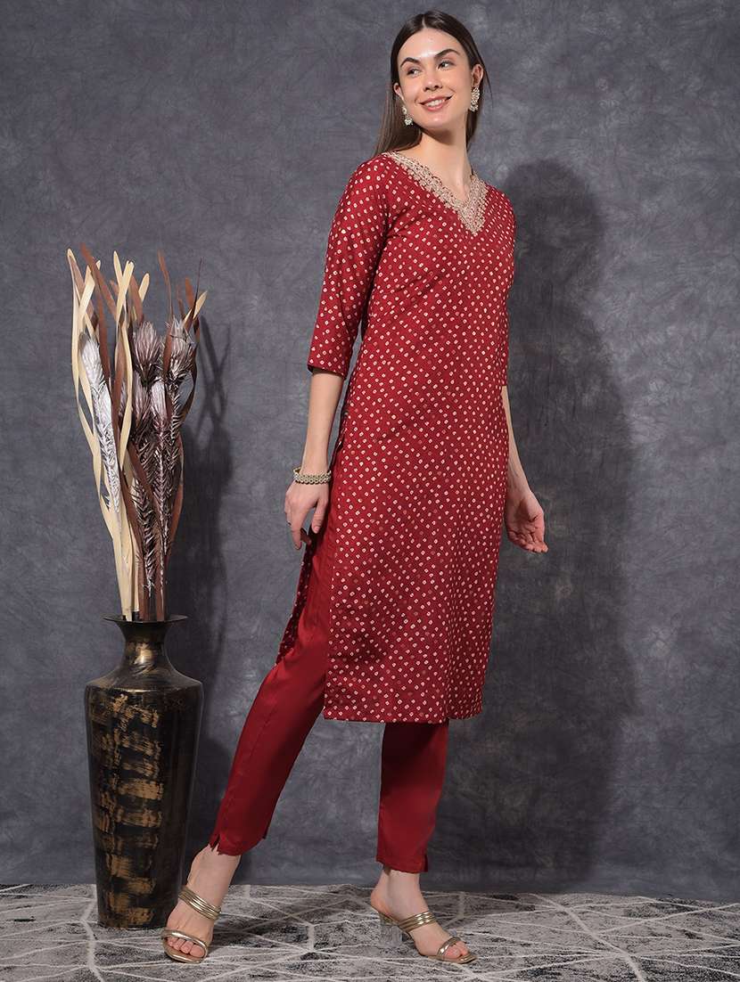 women bandhani three quarter sleeve kurta pant set - 21627254 -  Standard Image - 1