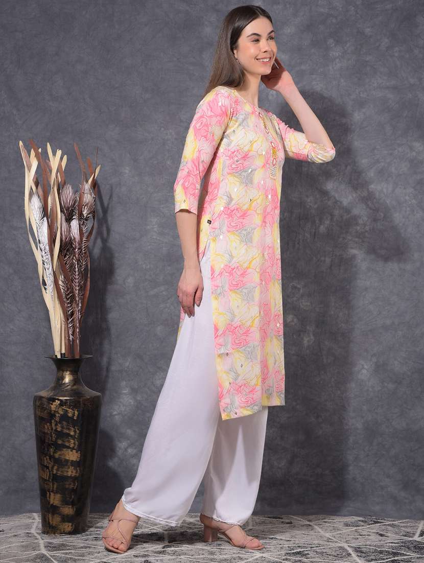 women printed three quarter sleeve straight kurta - 21627290 -  Standard Image - 1