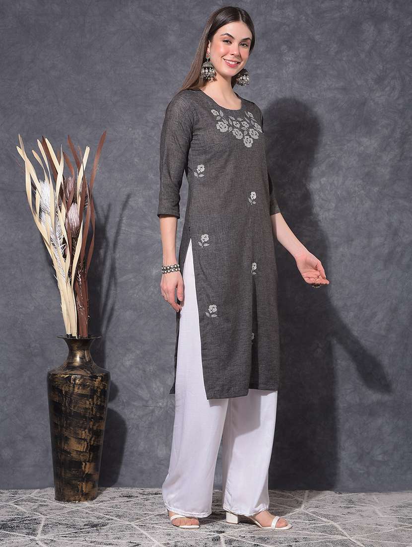 women embroidered three quarter sleeve straight kurta - 21627294 - Standard Image - 1