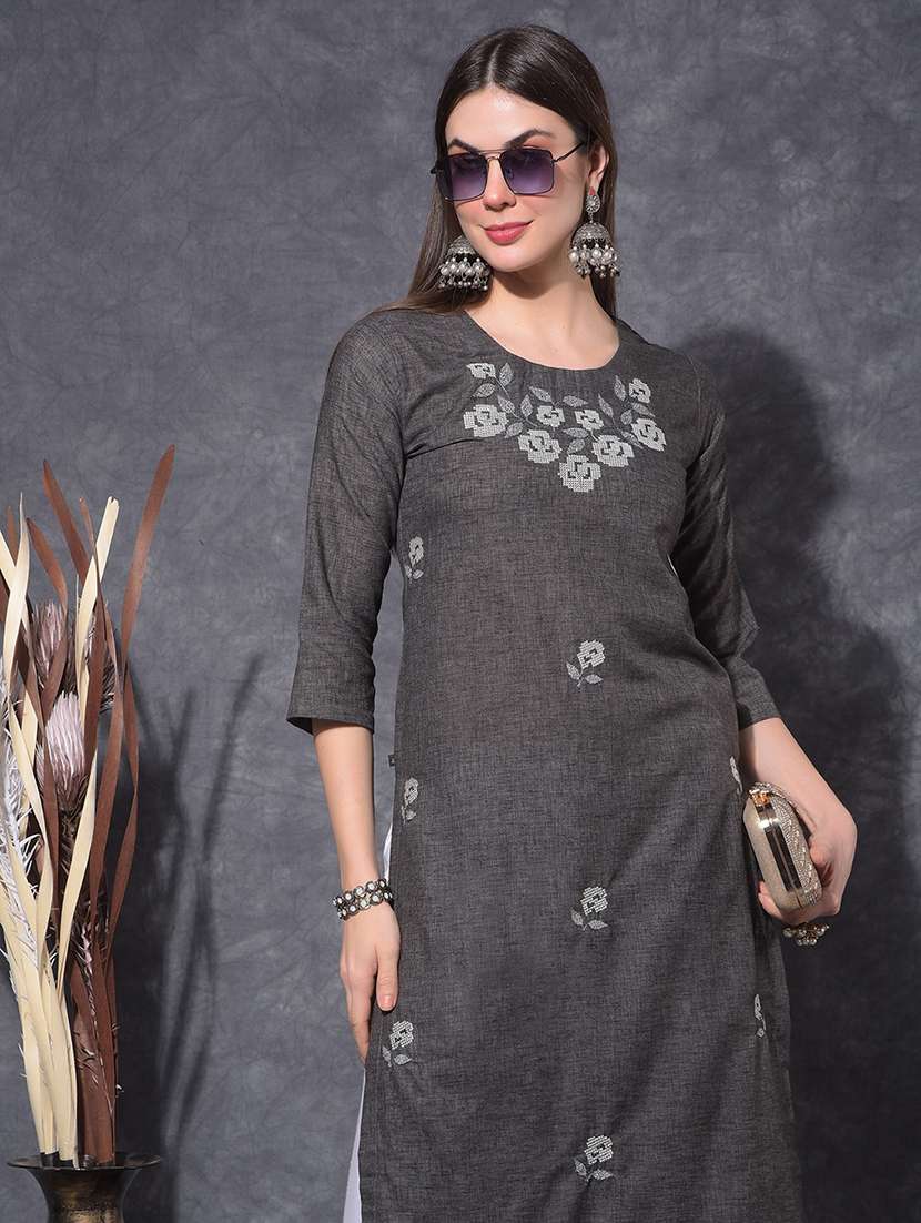 women embroidered three quarter sleeve straight kurta - 21627294 - Standard Image - 4