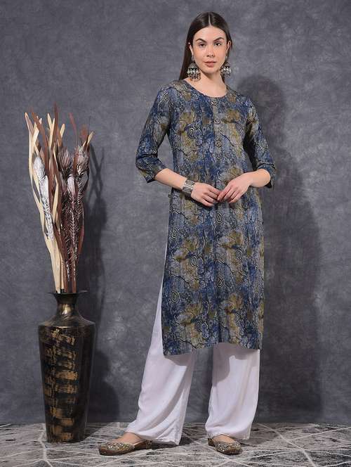 women printed three quarter sleeve straight kurta - 21627295 -  Standard Image - 0