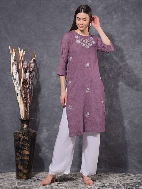 women embroidered three quarter sleeve straight kurta - 21627304 - Standard Image - 0