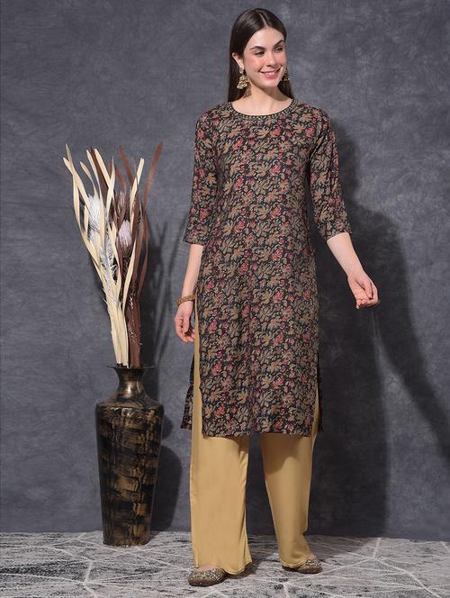 women floral three quarter sleeve straight kurta - 21627346 - Standard Image - 0