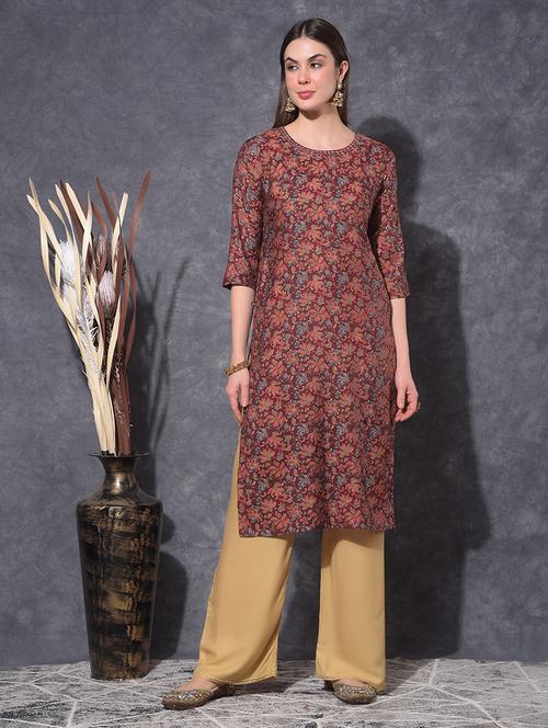 women floral three quarter sleeve straight kurta - 21627349 -  Standard Image - 0
