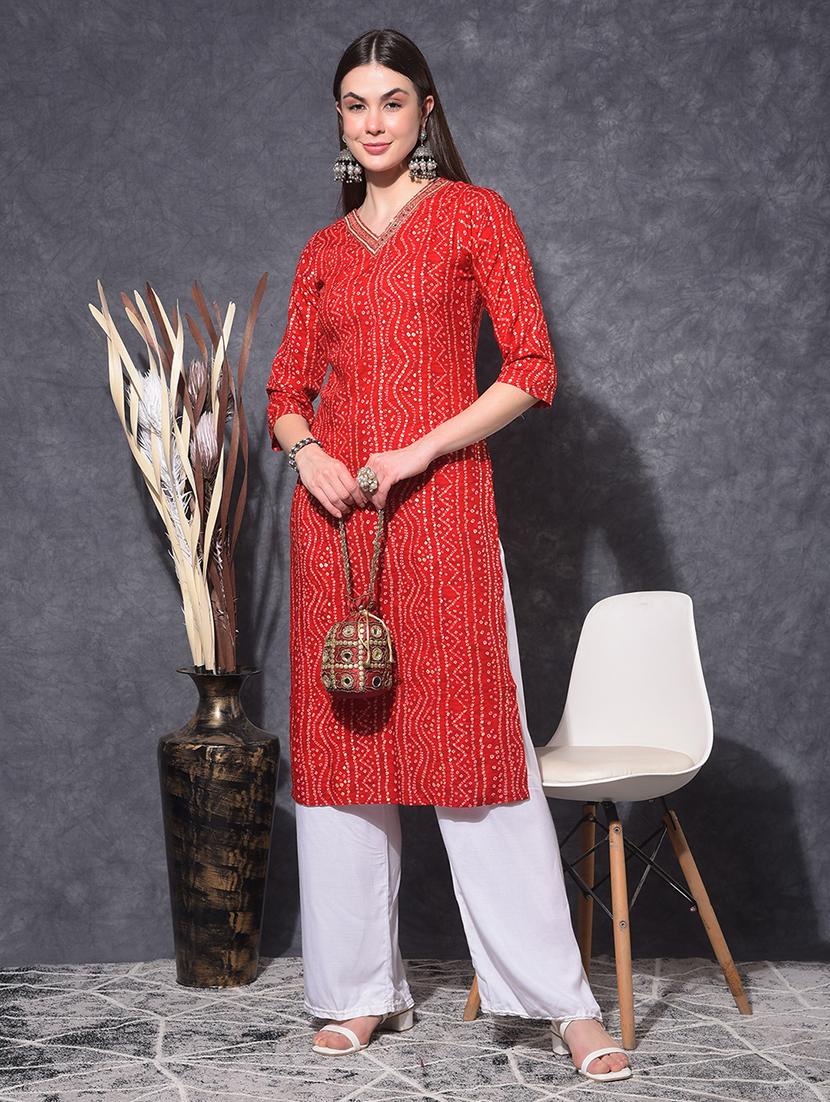 women bandhani three quarter sleeve straight kurta - 21627382 -  Zoom Image - 0