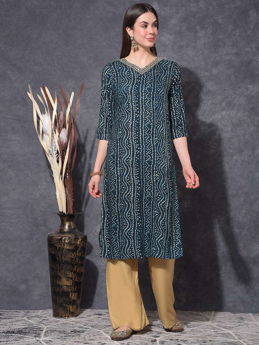 women bandhani three quarter sleeve straight kurta - 21627383 - Zoom Image - 0