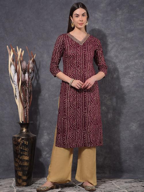 women bandhani three quarter sleeve straight kurta - 21627384 - Standard Image - 0