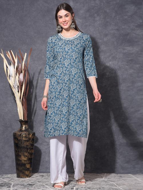 women floral three quarter sleeve straight kurta - 21627400 -  Standard Image - 0