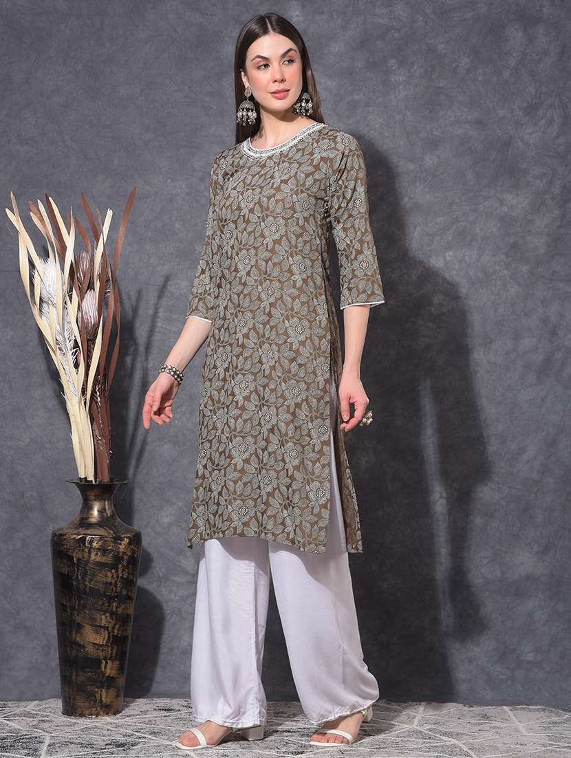 women floral three quarter sleeve straight kurta - 21627402 - Standard Image - 1