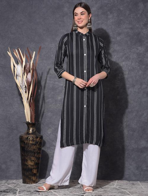 women striped three quarter sleeve front & side both slit kurta - 21627414 - Standard Image - 0