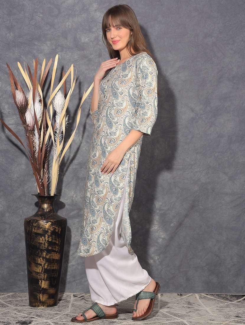women paisley three quarter sleeve straight kurta - 21627433 -  Standard Image - 1