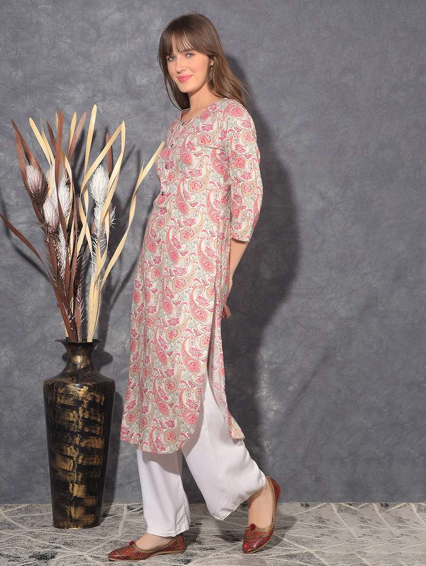 women paisley three quarter sleeve straight kurta - 21627435 -  Standard Image - 1